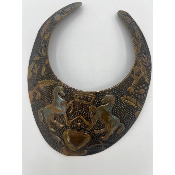 Vintage Brass Heraldic Gorget Necklace Repoussé Horses & Shield Torque Collar - Picture 1 of 14